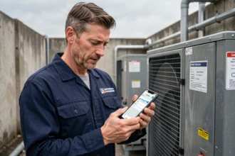 Technicien de maintenance industrielle sécurisant des données sur l'application mobile Twimm à côté d'une unité HVAC