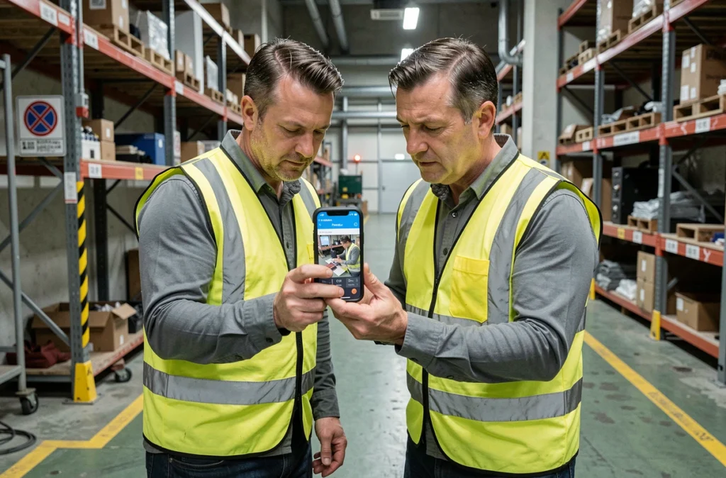 Deux techniciens d'usine consultant ensemble des données de maintenance sécurisées sur smartphone mobile Twimm