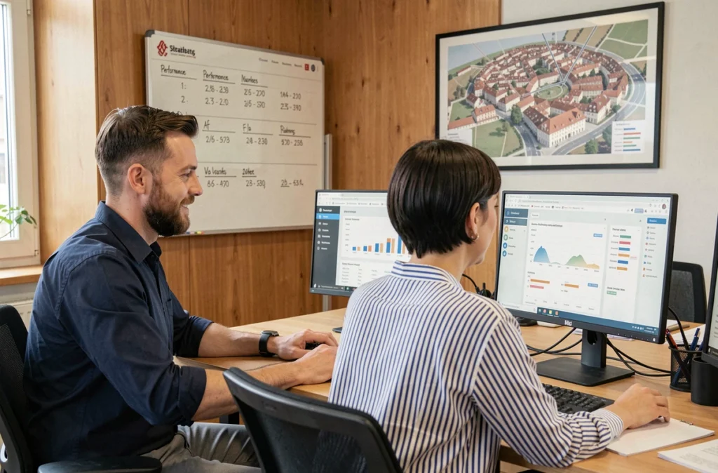 Équipe de l'agence Adeliom à Strasbourg analysant des données de performance web dans le cadre d'une optimisation continue après lancement de site