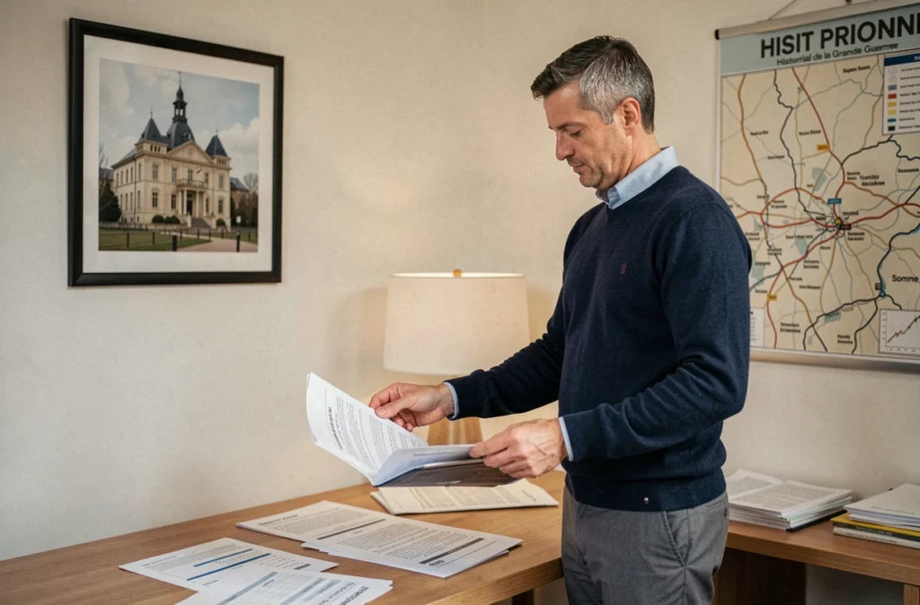 Un expert-comptable du cabinet AEC Expertise à Péronne consultant des documents financiers dans son bureau aux références locales de la Somme