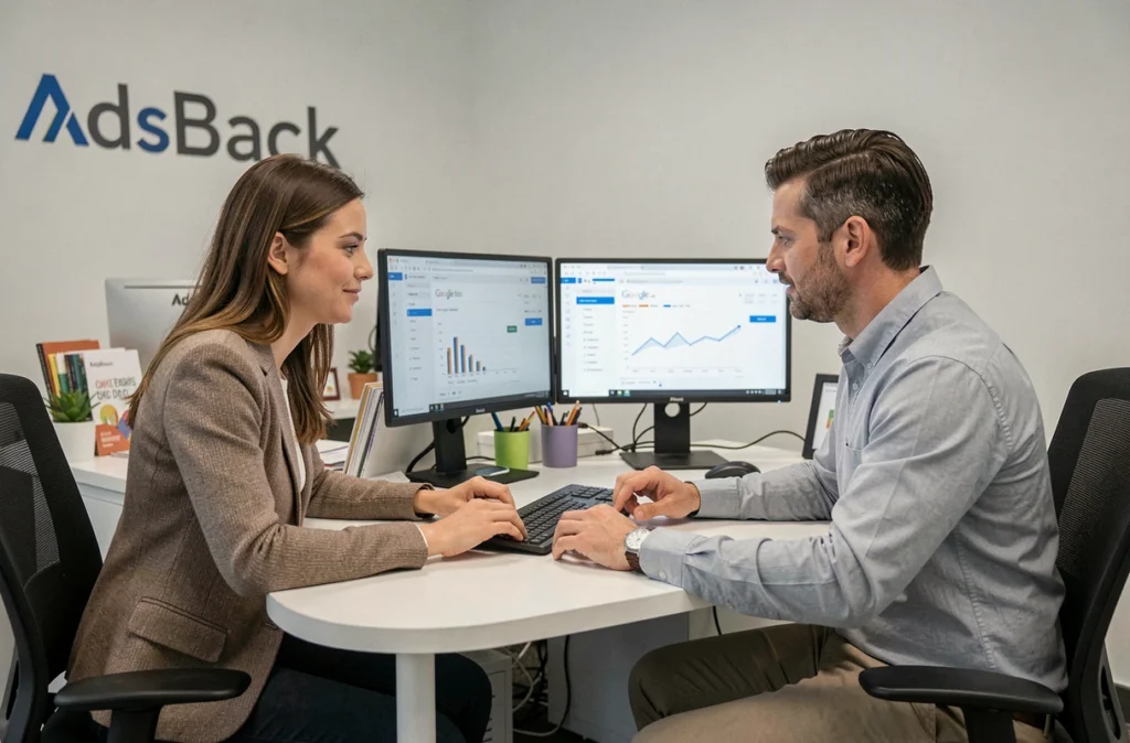 Deux consultants de l'agence AdsBack collaborant sur un audit de campagne Google Ads dans leurs bureaux en Gironde