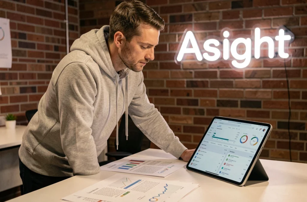 Stratège de l'agence Asight analysant des données Google Ads sur tablette dans un espace créatif avec murs en briques en Gironde