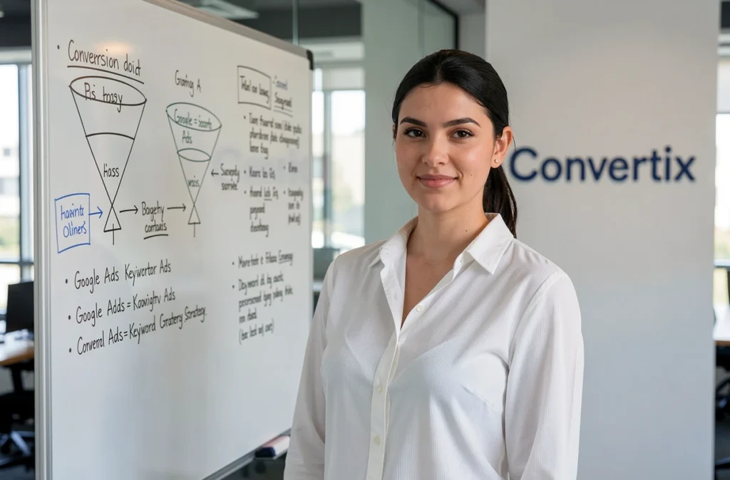 Spécialiste de l'agence Convertix présentant une stratégie Google Ads sur un tableau blanc dans un bureau moderne en Gironde