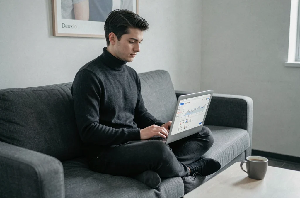Analyste de l'agence Deux.io travaillant sur des campagnes Google Ads depuis un espace lounge moderne en Gironde