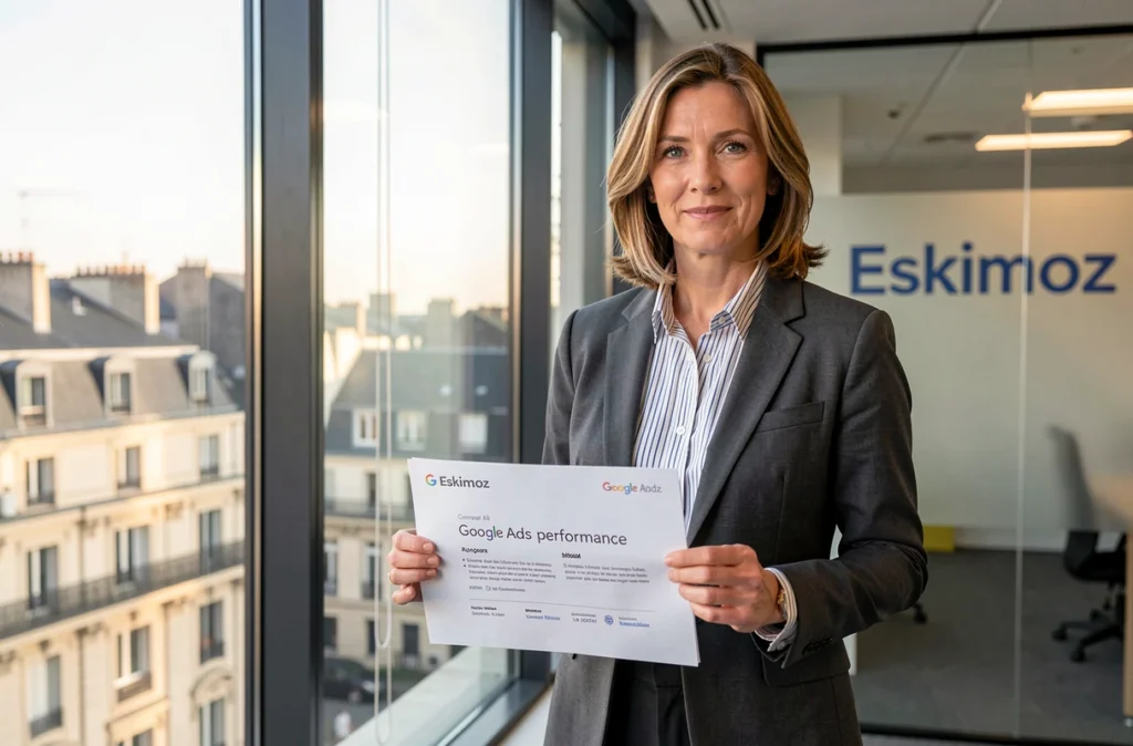 Directrice de l'agence Eskimoz Bordeaux tenant un rapport de performance Google Ads avec une vue sur l'architecture bordelaise en arrière-plan