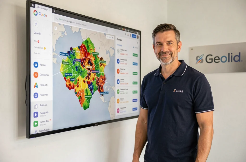Spécialiste de l'agence Geolid présentant une carte de chaleur géographique de campagnes Google Ads en Gironde sur un écran mural