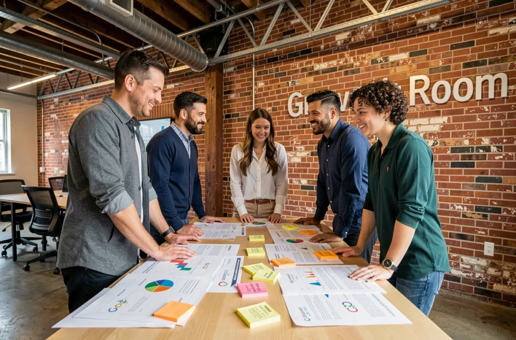 Équipe de l'agence Growht Room réunissant des documents de stratégie Google Ads autour d'une table de réunion dans un espace de travail industriel en Gironde