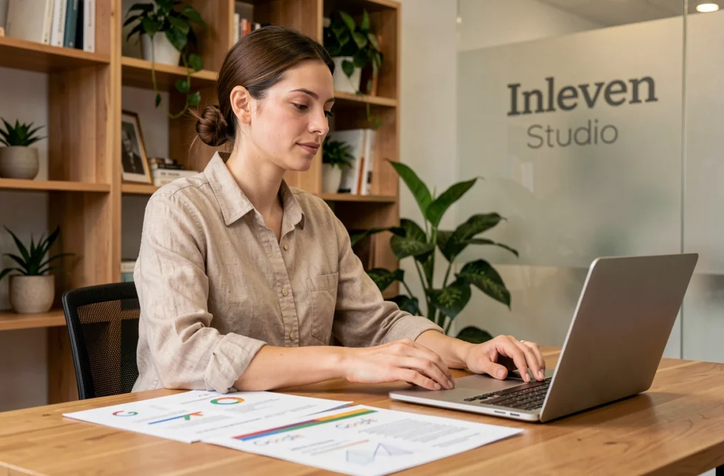 Directrice artistique de l'agence Inleven Studio organisant des maquettes de campagnes Google Ads dans un studio créatif en Gironde