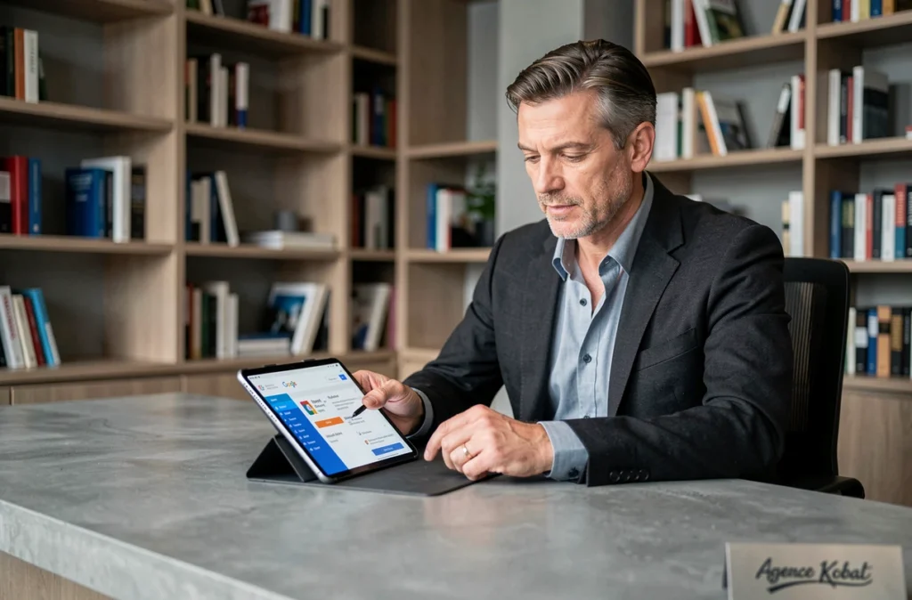 Directeur de l'Agence Kobalt examinant une proposition de campagne Google Ads sur tablette dans un bureau exécutif élégant en Gironde