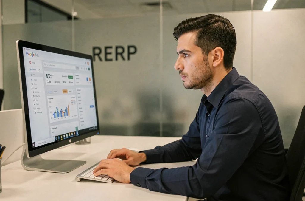 Consultant de l'agence RERP analysant des performances Google Ads sur un écran dans un bureau moderne en Gironde