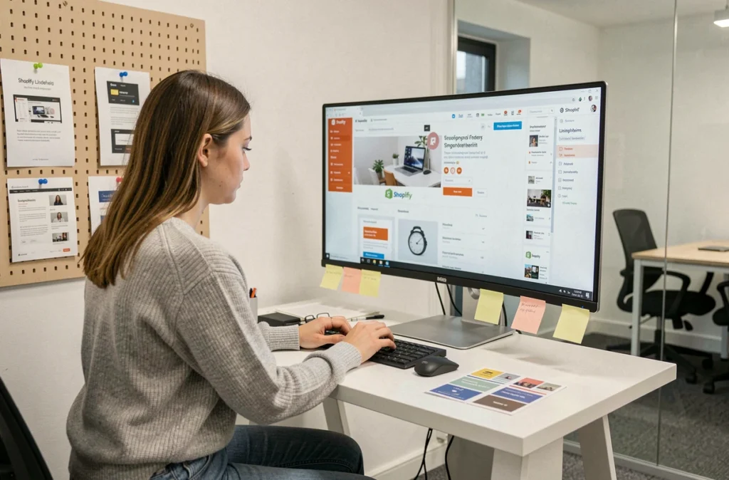 Développeuse spécialisée Shopify de l'agence Shop à Lingolsheim configurant une boutique en ligne e-commerce sur un grand écran