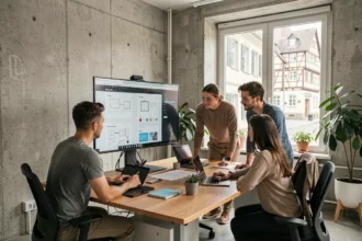 Équipe d'une agence web du Grand Est en train de collaborer sur des maquettes de sites internet dans un open-space moderne à Strasbourg