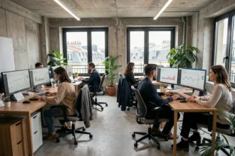 Agence Google Ads en Gironde : vue d'ensemble d'un open-space moderne avec des professionnels du marketing digital travaillant sur des tableaux de bord Google Ads à Bordeaux