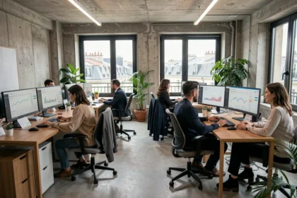 Agence Google Ads en Gironde : vue d'ensemble d'un open-space moderne avec des professionnels du marketing digital travaillant sur des tableaux de bord Google Ads à Bordeaux