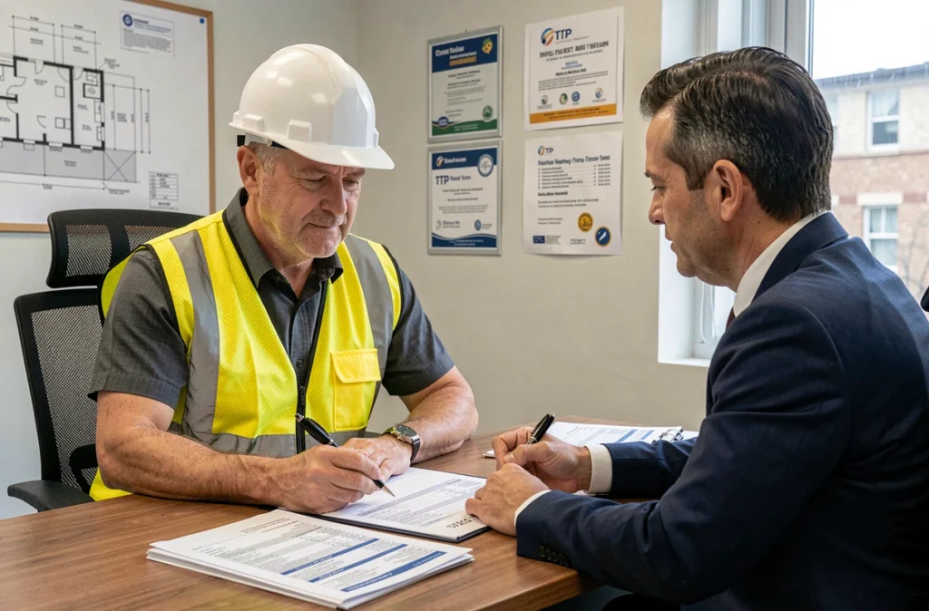 Un expert-comptable spécialisé BTP consultant avec un chef de chantier autour de documents financiers liés à la construction à Amiens