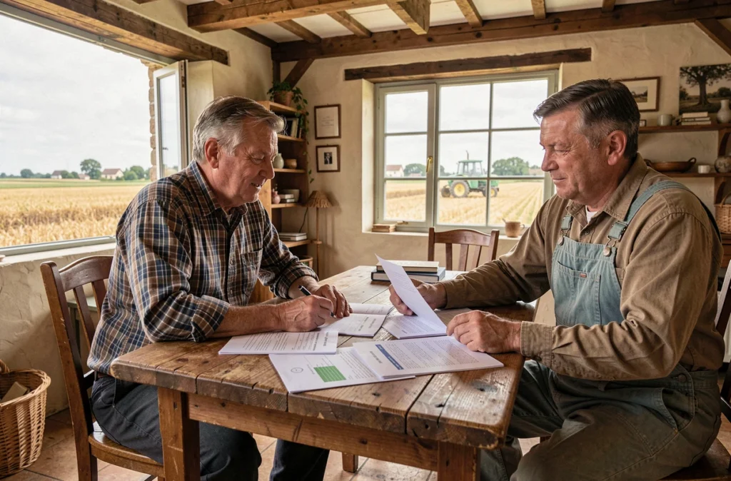 Un expert-comptable agricole du Cerfrance Picardie consultant un agriculteur autour de documents de subventions dans une ferme picarde