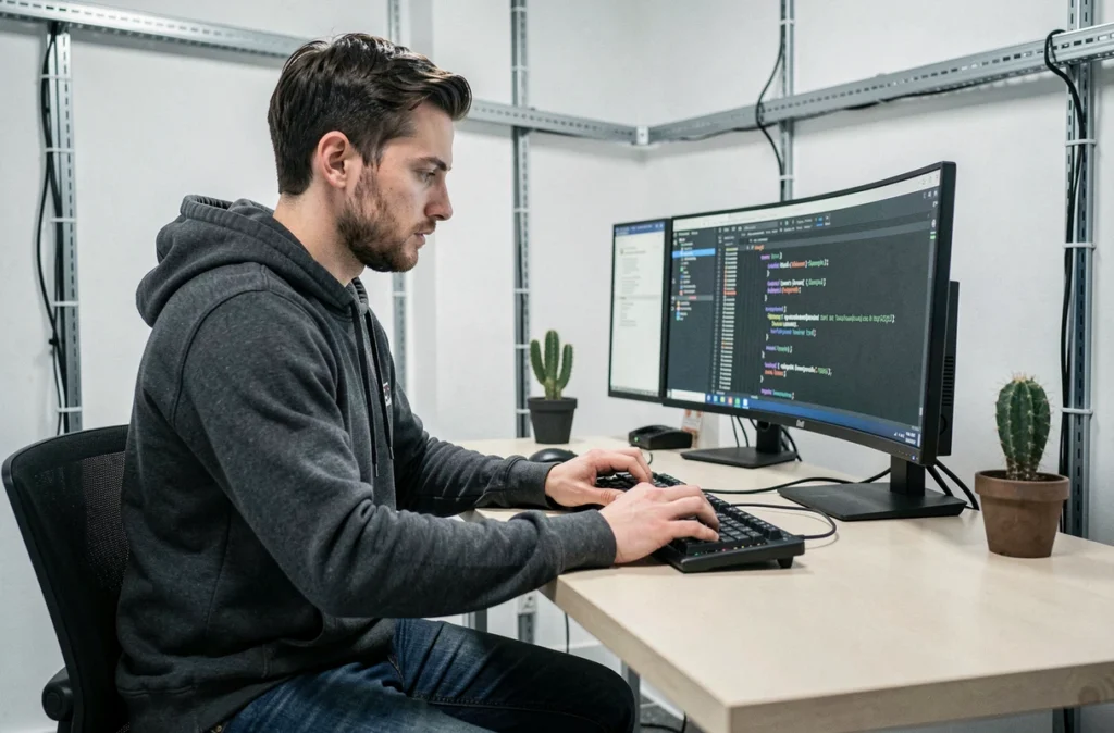 Développeur web de Cins en train de coder une application sur un poste de travail moderne