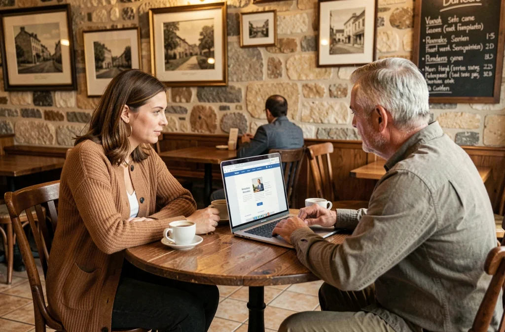 Consultante web accompagnant un travailleur indépendant dans la création de son site internet autour d'un ordinateur portable dans un café