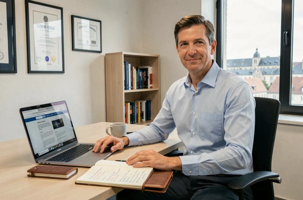 Consultant digital masculin expérimenté présentant une proposition de projet web sur un ordinateur portable dans les bureaux de Debussac à Clermont-Ferrand