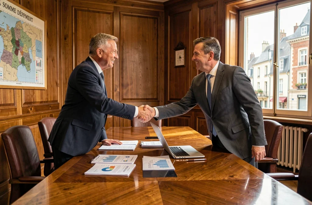 Deux associés d'un cabinet d'expertise comptable se serrant la main autour d'une table de réunion dans les bureaux de Develter Partenaires dans la Somme