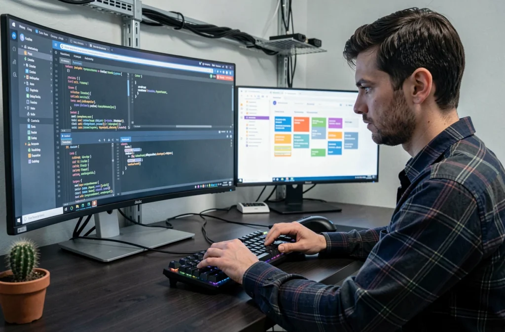 Développeur masculin codant une application web sur mesure sur un grand écran incurvé dans le studio de Drosalys à Clermont-Ferrand
