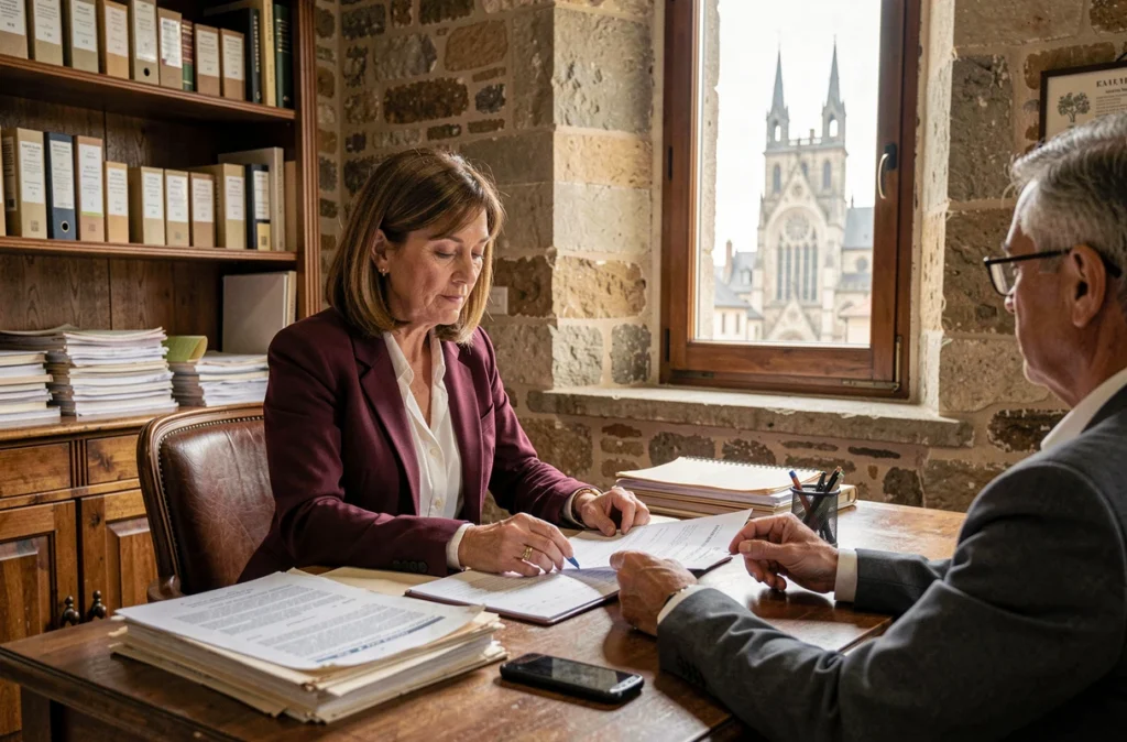 Une experte-comptable rencontrant un client dans un bureau aux murs en pierre à Abbeville représentant le cabinet Expertise et Conseil