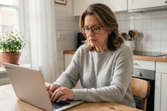 Femme consultant les paramètres de son compte Smartbox sur un ordinateur portable dans une cuisine moderne
