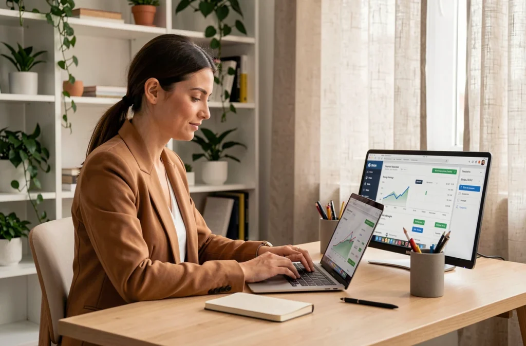 Spécialiste SEO de Findly analysant des données de référencement naturel sur un poste de travail épuré