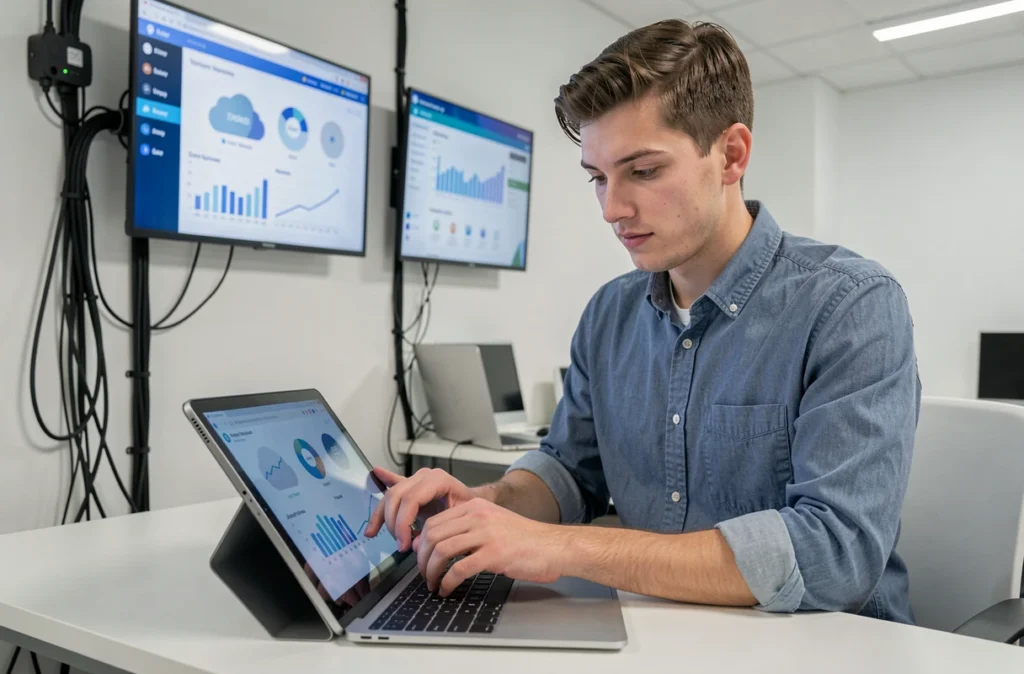 Un comptable numérique travaillant sur tablette et ordinateur portable dans un bureau entièrement digitalisé représentant le cabinet Gexsinfo à Amiens