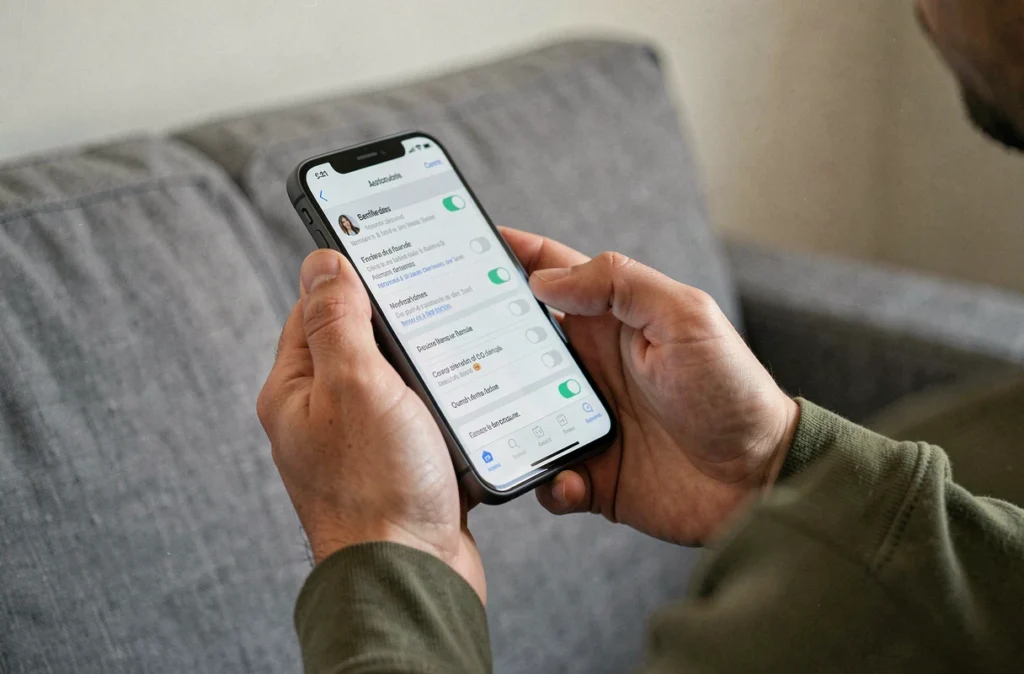 Gros plan sur les mains d'une personne configurant les paramètres d'un compte Smartbox sur smartphone
