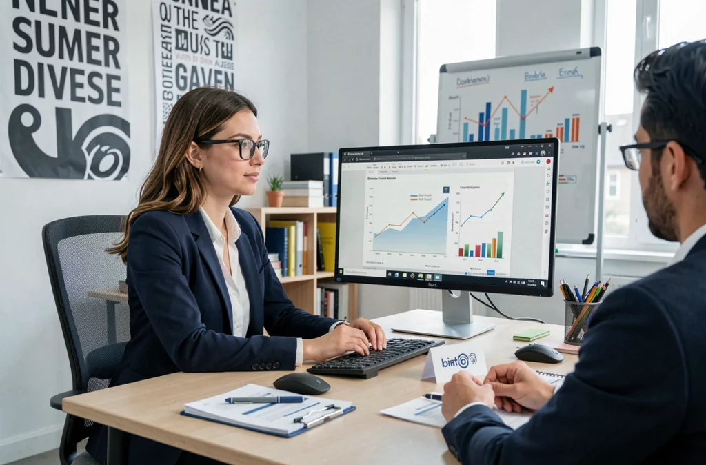 Une conseillère comptable et son client étudiant des projections de croissance sur écran dans les bureaux modernes d'In Extenso à Amiens