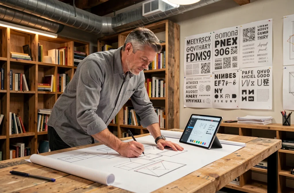 Designer UX de Magina esquissant des maquettes de sites web sur une table de travail créative