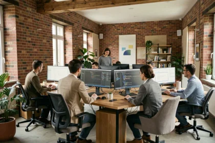 Bureau d'agence web normande avec des professionnels collaborant sur des projets de création de sites internet