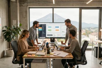 Équipe d'une agence web du Puy-de-Dôme travaillant sur des projets de création de sites internet autour d'un grand écran affichant des maquettes et des données SEO