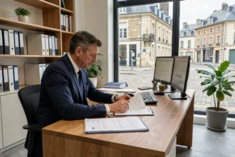 Un expert-comptable professionnel travaillant dans son bureau moderne à Amiens, avec des documents financiers et une vue sur l'architecture picarde