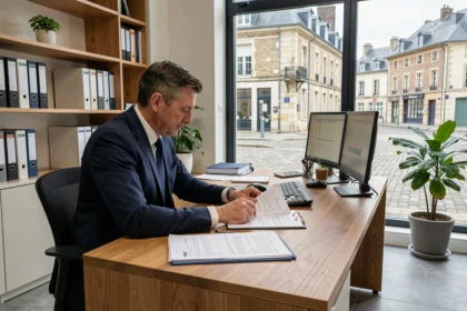 Un expert-comptable professionnel travaillant dans son bureau moderne à Amiens, avec des documents financiers et une vue sur l'architecture picarde