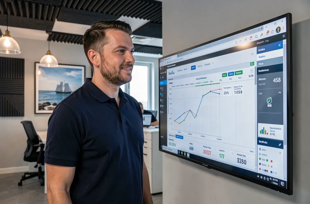 Stratège digital de NEWP présentant un tableau de bord de performance de site web dans une agence moderne