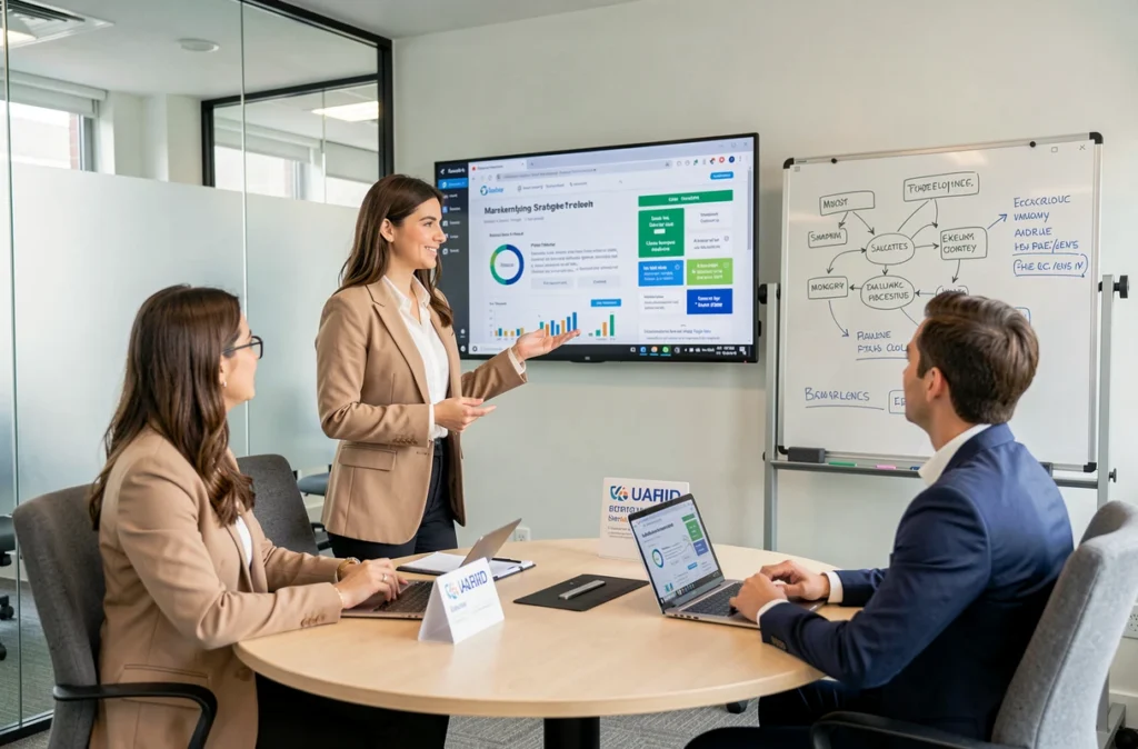 Stratège marketing féminine présentant une campagne digitale à son équipe dans les bureaux d'Overscan, agence digitale à Clermont-Ferrand