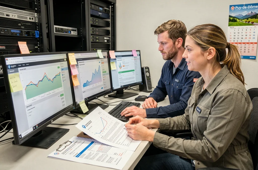 Équipe technique de Pilote Info effectuant la maintenance de sites web sur une station de travail avec plusieurs moniteurs et des rapports d'audit imprimés dans le Puy-de-Dôme