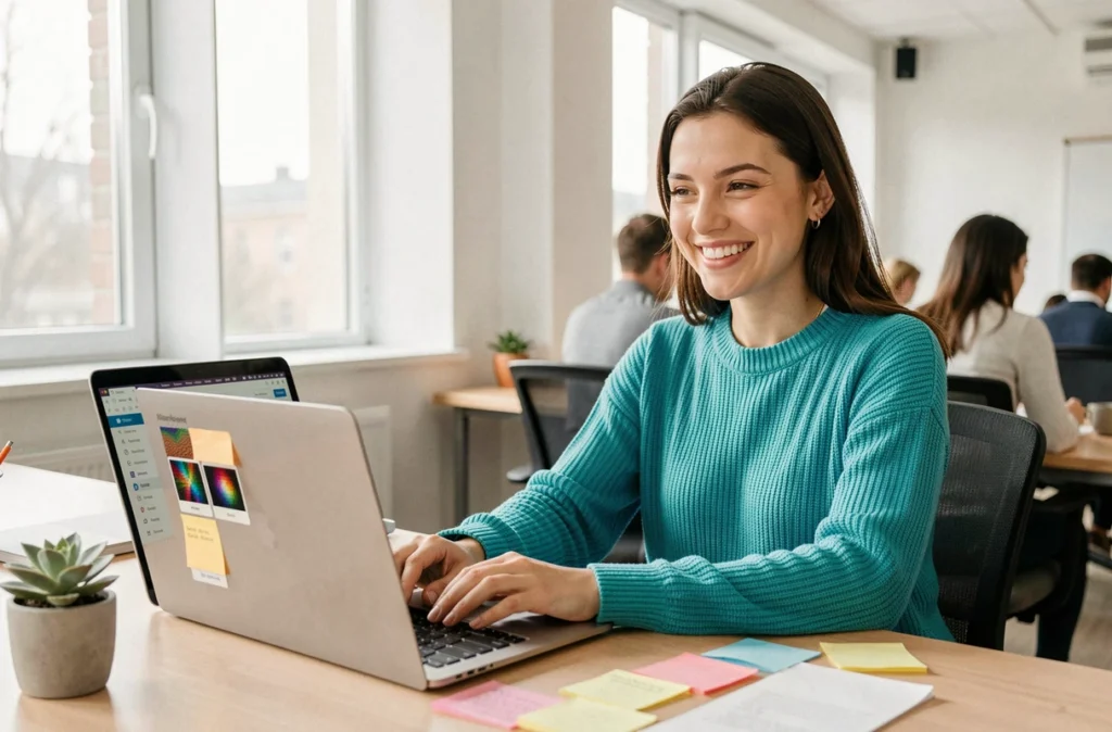Développeuse web souriante de Pixelea travaillant sur une mise en page de site internet en co-working