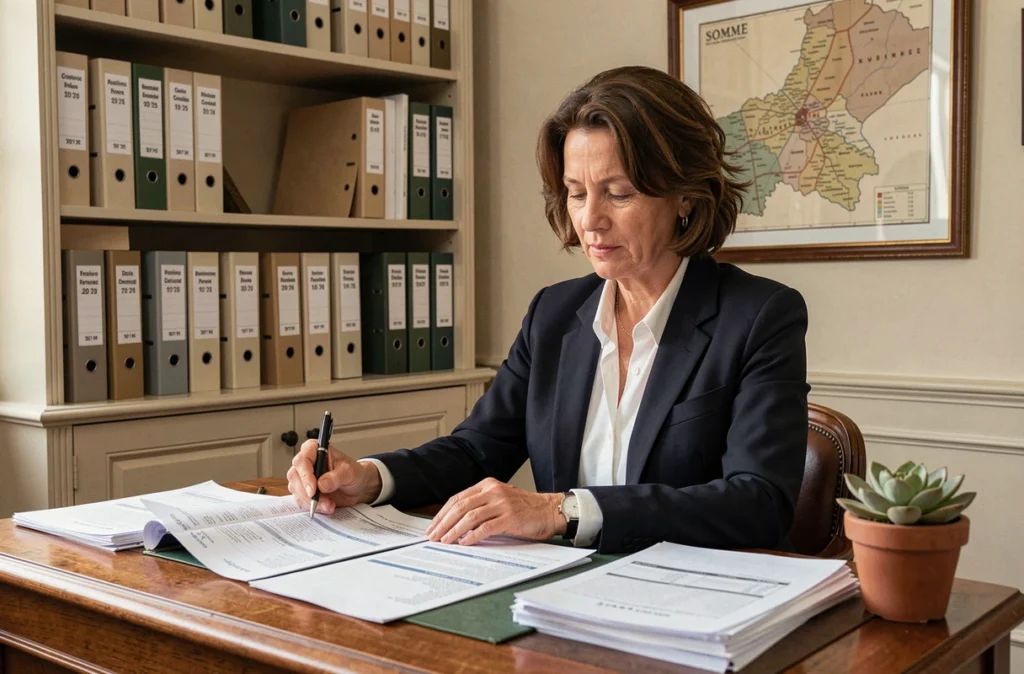 Une experte-comptable généraliste examinant des déclarations fiscales dans un bureau classique et bien organisé du cabinet Sarec à Amiens
