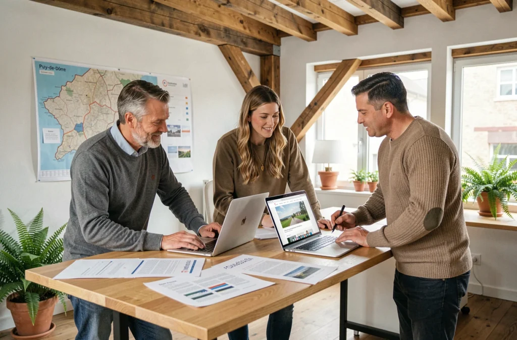Équipe de l'agence Scopika collaborant sur des projets web et communication dans un espace créatif avec une carte du Puy-de-Dôme affichée au mur