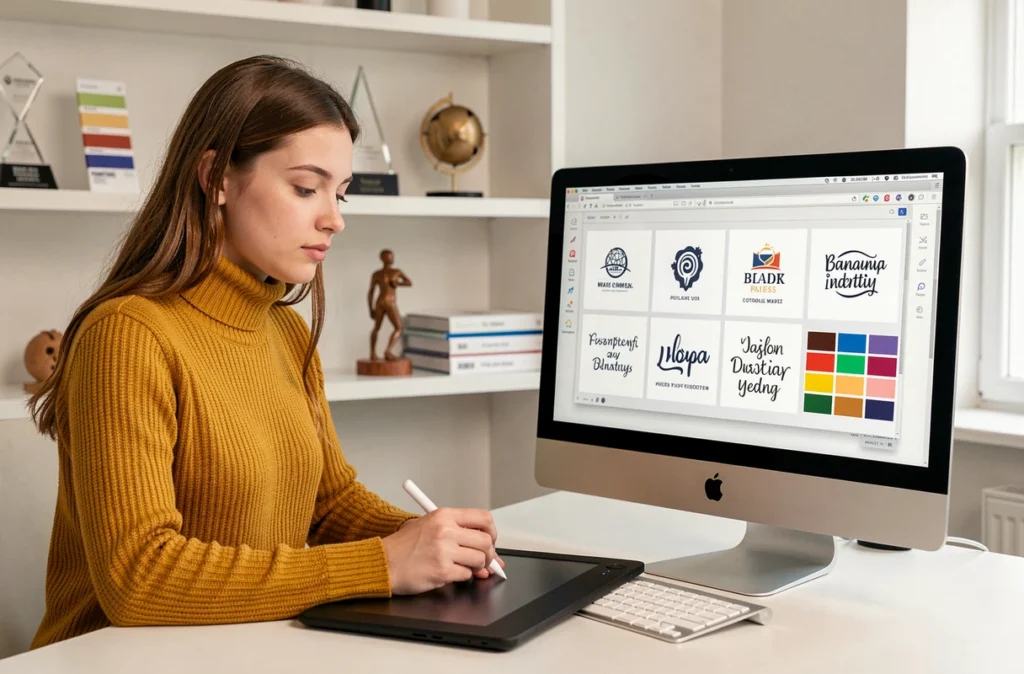 Designer féminine travaillant sur une identité de marque et un branding digital dans le studio créatif Ultrō à Clermont-Ferrand