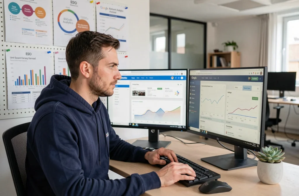 Développeur web masculin travaillant sur des outils SEO et d'analyse de données dans les bureaux de Vistanet, agence SEO à Clermont-Ferrand