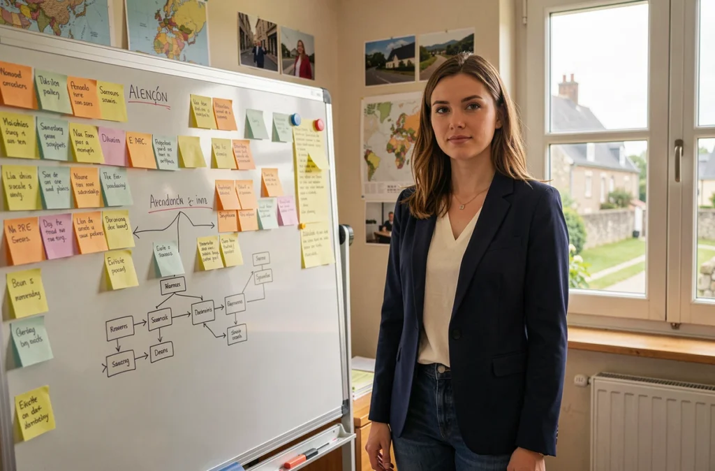 Chef de projet web de Webcomalencon présentant une architecture de site sur un tableau blanc à Alençon