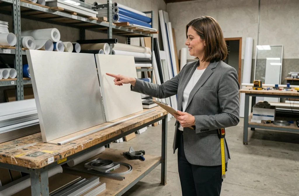 Consultante en enseignes comparant deux devis de panneaux dans un atelier de fabrication