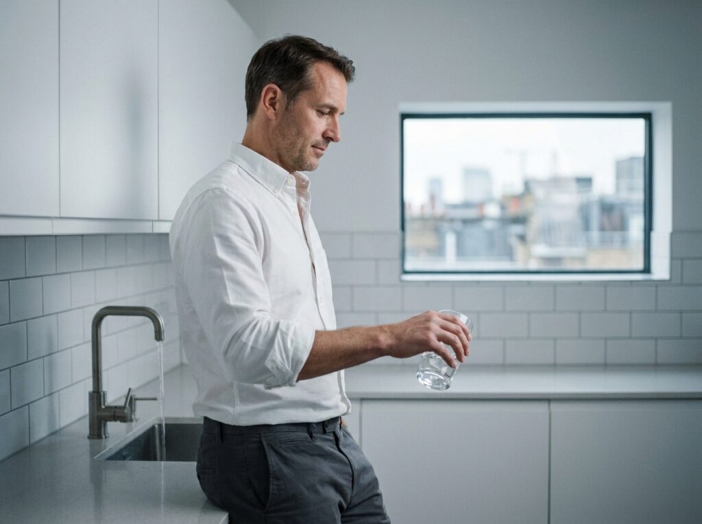 Homme se servant un verre d'eau à une fontaine encastrée dans la kitchenette d'un bureau moderne
