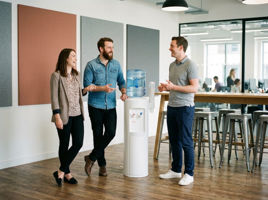 Collègues réunis autour d'une fontaine à eau dans un espace de détente de bureau en open space