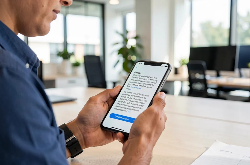 Personne lisant un court texte sur son smartphone dans un bureau